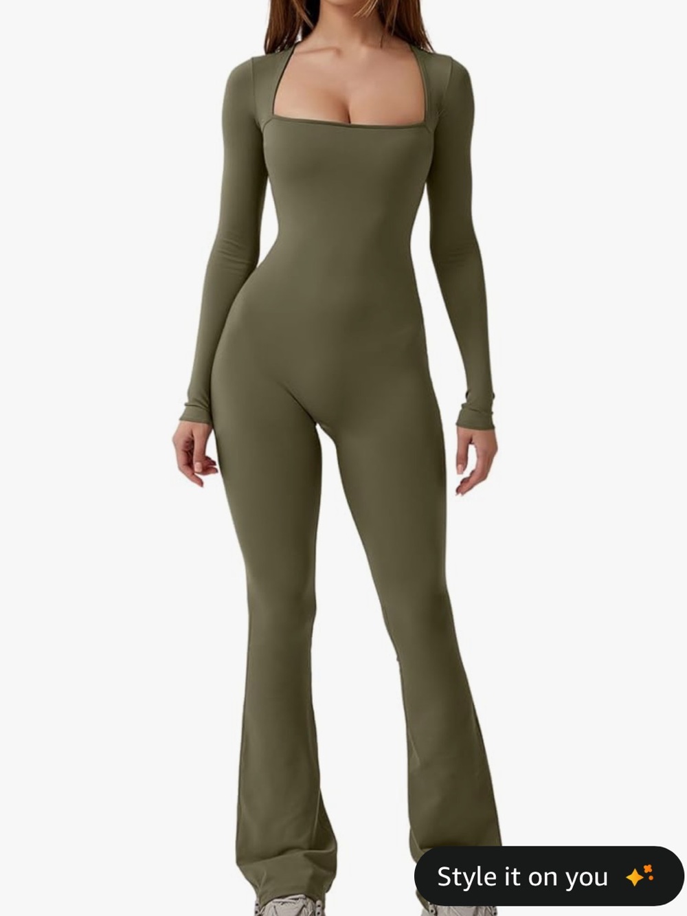 Square-Neck Long Sleeve Olive Jumpsuit